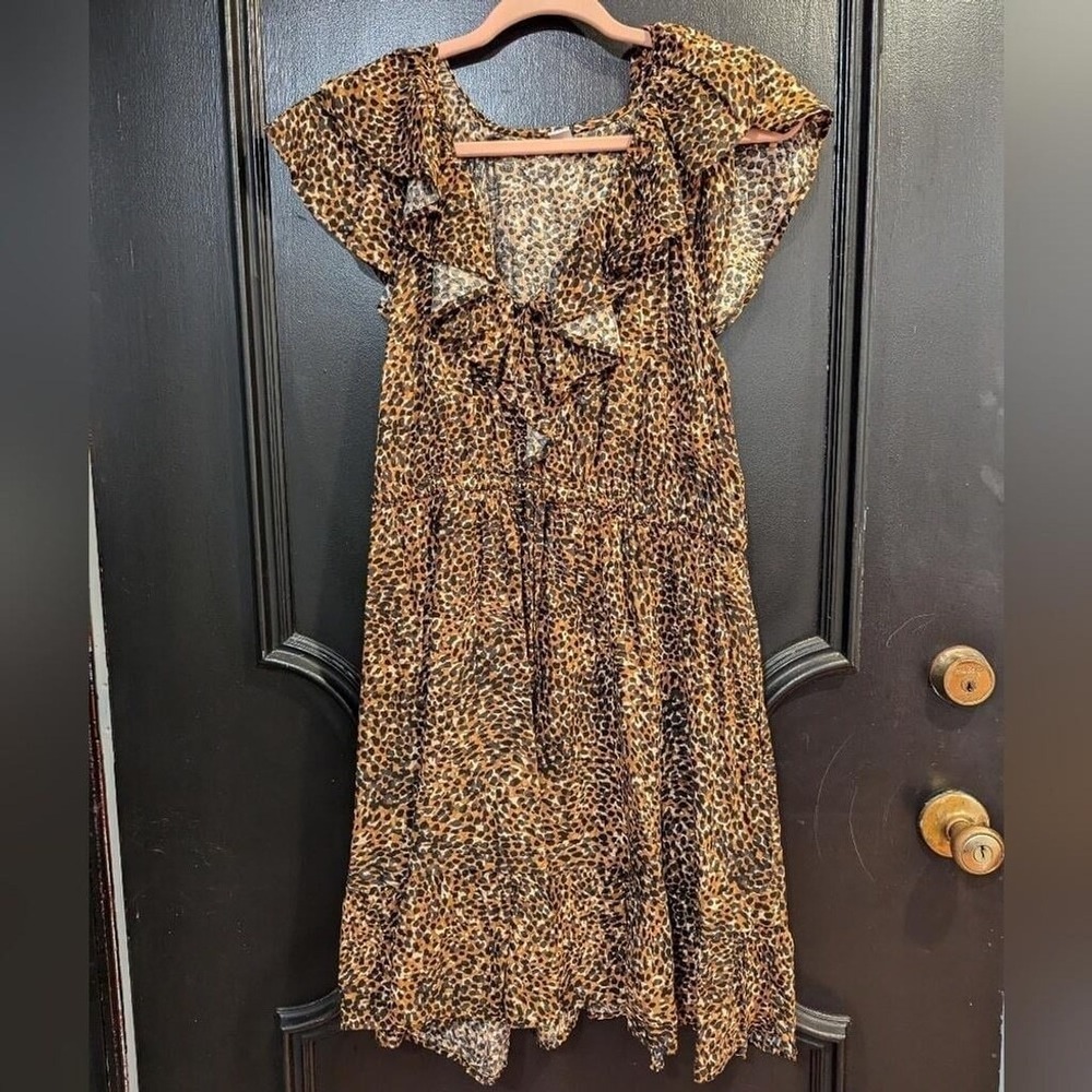 Old Navy Dress Brown Black Leopard Ruffle Flutter Sleeve Sz L Animal Print